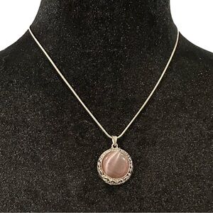 Cats Eye Pendant Necklace Purple Silver Tone Adjustable Length